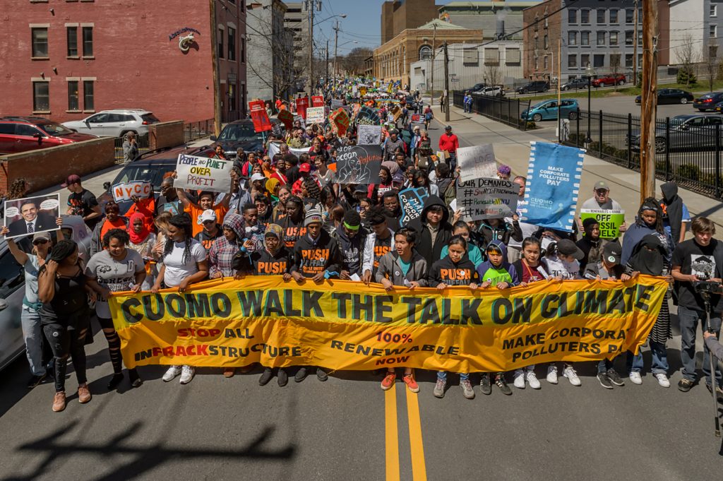 2018: Protestors demand Governor Cuomo commit to 100% renewable energy in Sheridan Hollow.