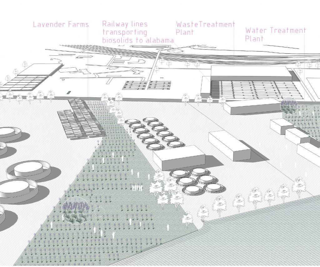 2029: ICC-supported aromatic lavender farm, nurtured by the organic solids produced by a sewage treatment plant.