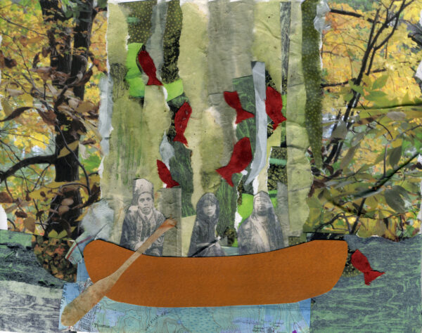 “Salmon Traveling,” Mashapaug Pond collage by Dawn Dove, Narragansett Elder and artist.