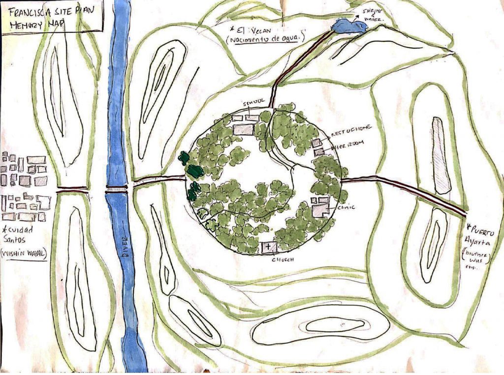 Map from Francisca’s description of her town in Mexico; drawing by Sara Alzate.