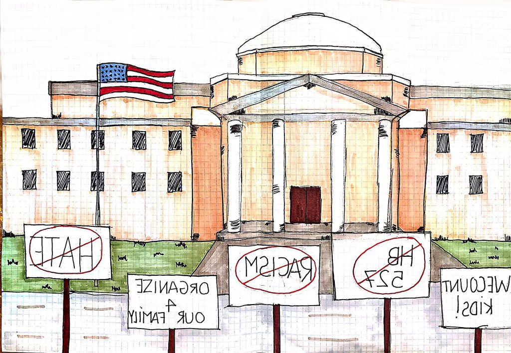 Dibujo elaborado por Sara Alzate a partir de la descripción de Ana de una manifestación en Washington, DC.