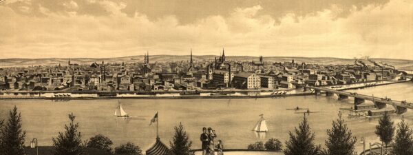 1880: View of New Brunswick featuring industrial riverfront.