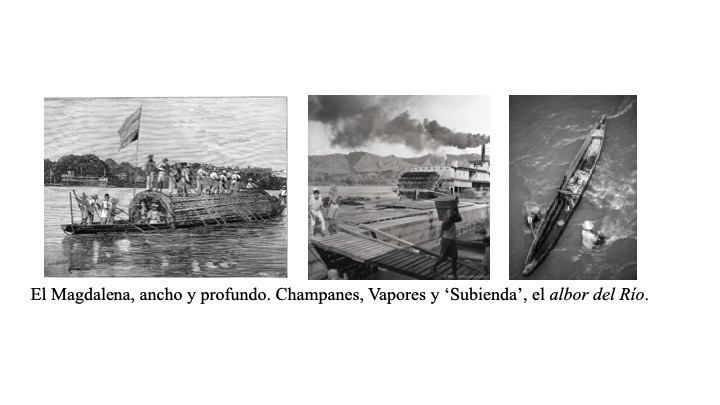 Triptych, left to right: Un champán-Alto Magdalena. Papel Periódico Ilustrado, by Alfredo Greñas (1881–1887); Zona de carga y descarga, by Nereo López (1958); Río Magdalena, by León Francisco Ruiz Florez (1986).