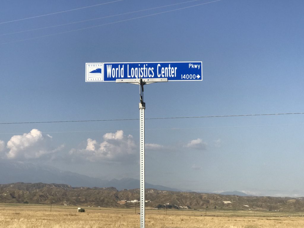 Sign for World Logistics Center, erected despite ongoing challenges to the 40-million sq. ft. development, 2019.
