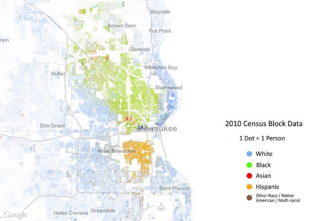 A “Racial Dot Map” based on census data from 2010 shows a segregated city.